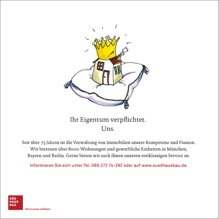 Plakat mit Illustration, Text und Logo für die Immobilien-Verwaltung Südhausbau