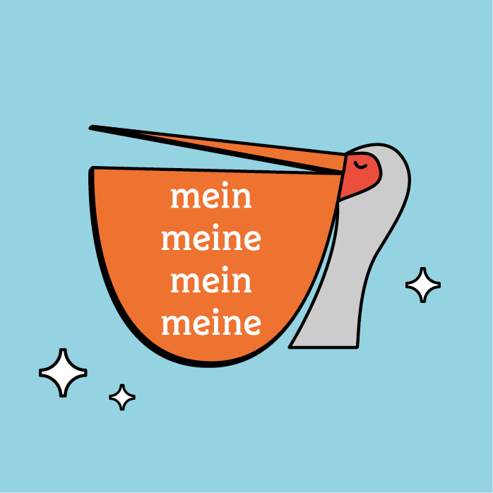Der Grammatik-Pelikan von Atlantia: Illustration eines Pelikans, der in seinem Kehlsack grammatische Formen zum Merken trägt