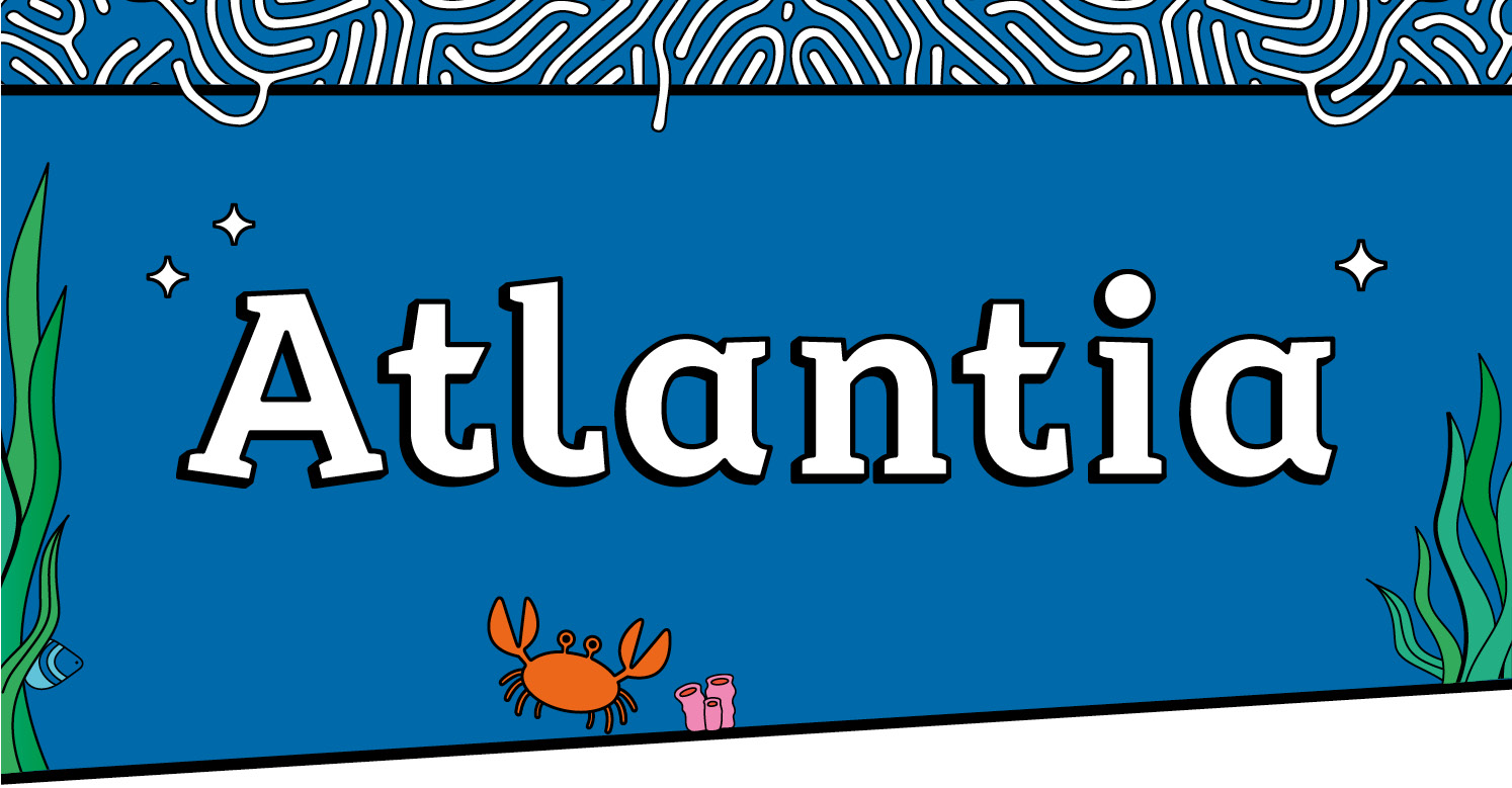 Schriftzug Atlantia mit Illustrationen auf dem lehrwerksspezifischen blauen Hintergrund