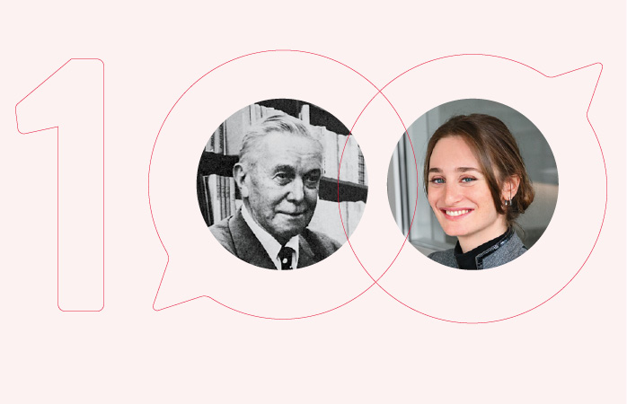 Letzte Seite der Familiengeschichte des Hueber Verlags: „Die nächste Generation“. Mit Fotos von Max Hueber und seiner Urenkelin Helen Hueber
